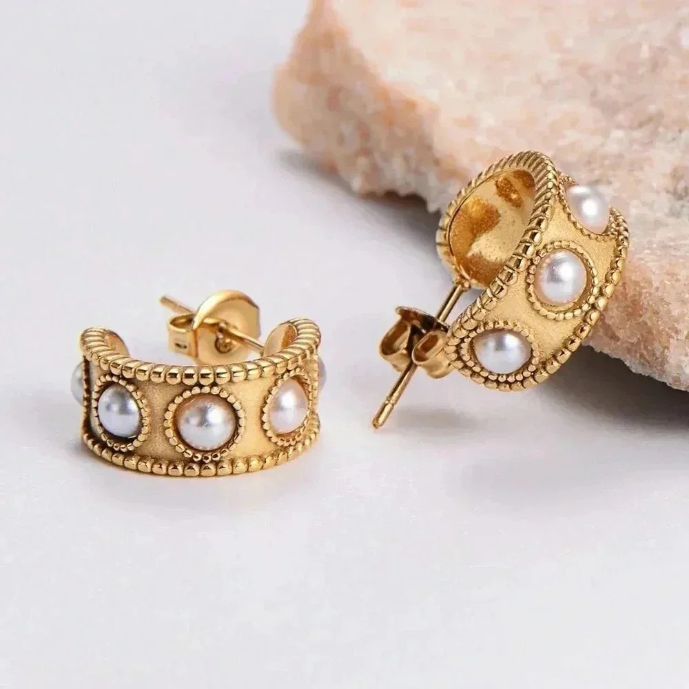 Women's Pearl detailed gold toned Steel Earrings